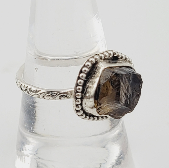 QUARTZ RAW BROWN RING HANDMADE IN RECYCLED STERLING SILVER RING SIZE 7 - Picture 4 of 5
